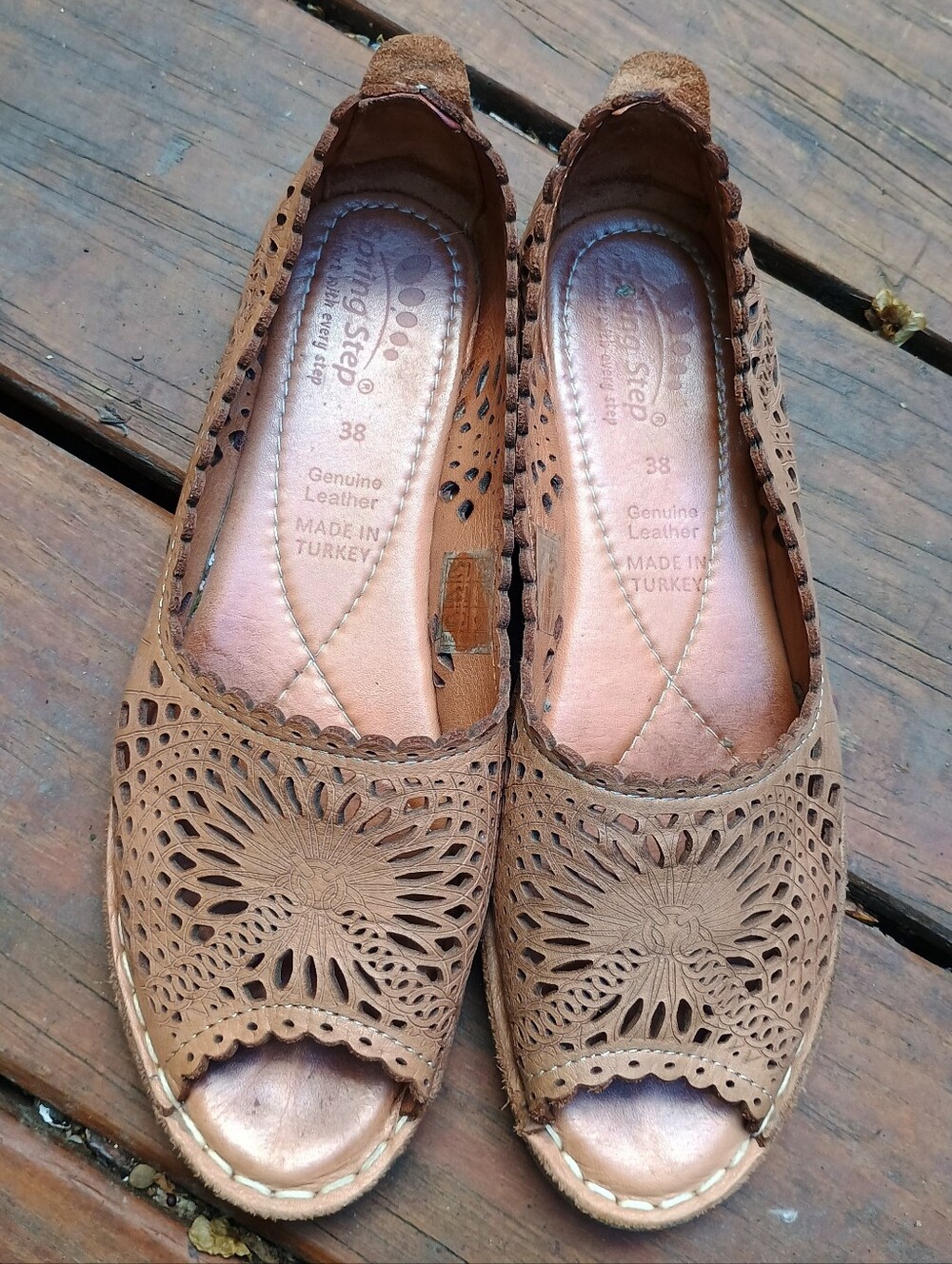 Spring Step Brandal Flats Tan Brown Sz 7.5-8 Leather Laser Cut Peep Toe Flats 38
